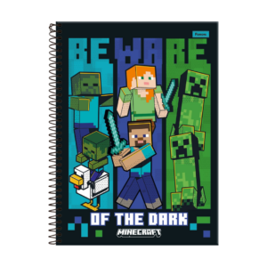 Caderno Espiral – 1 Matéria – 80 folhas – Capa Minecraft “Beware of the Dark”